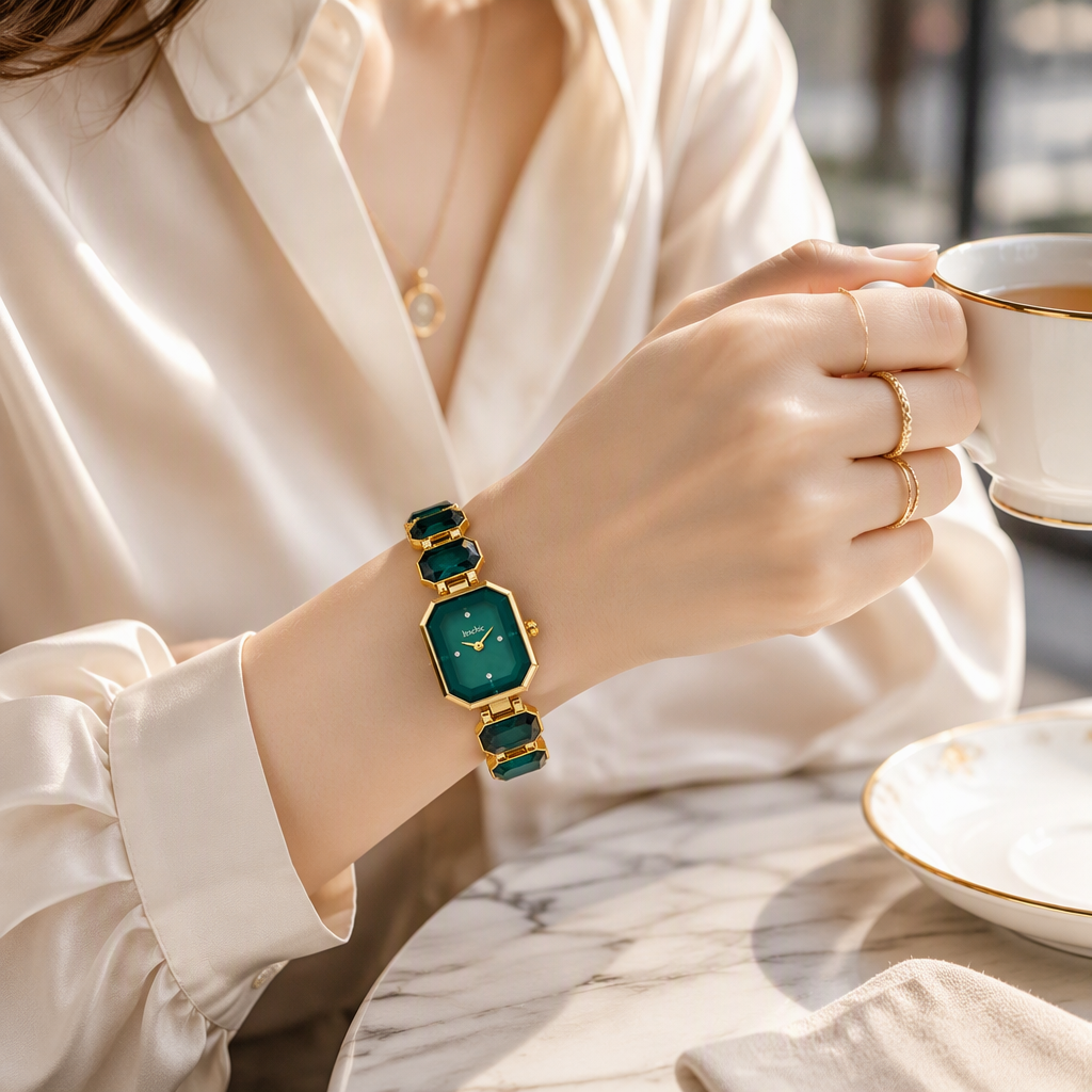 Vintage Emerald-Cut Octagon Crystal Gemstone Bracelet Watch - Elegant Luxury Quartz Dress Watch for Women (Green / Pink / White / Black) — photo 5