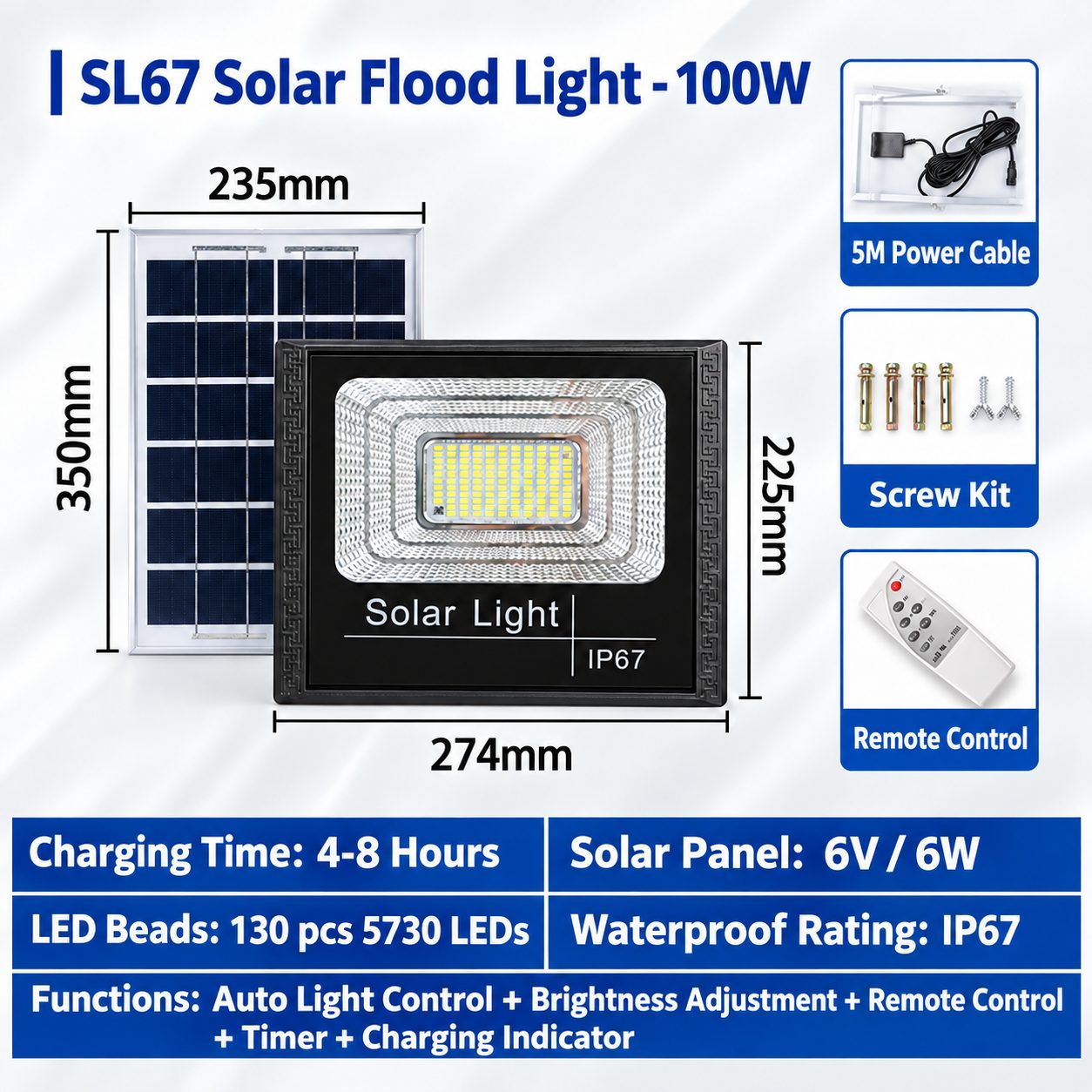 SL-67 100W Solar Flood Light with 3500mAh 32650 Lithium Battery – IP67 Waterproof — photo 5