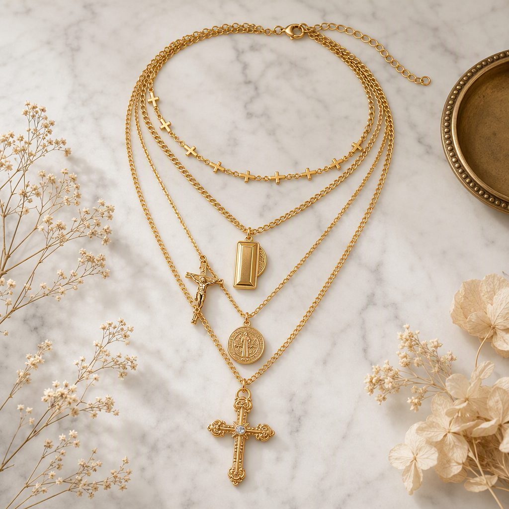 Women's Vintage Baroque Cross & Medallion Layered Necklace Set | Multi-Strand Rosary Choker Gold Crucifix Pendant Necklace — photo 5