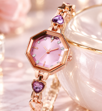 Romantic Heart Crystal Bracelet Watch for Women - Rose Gold Octagonal Faceted Bezel Pastel Pink Dial Jewelry Timepiece — photo 7
