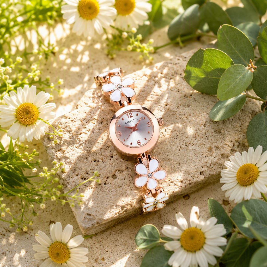 Sweet White Daisy Enamel Bracelet Watch for Women - Rose Gold Floral Chain Crystal Accent Japanese Mori Girl Timepiece — photo 4