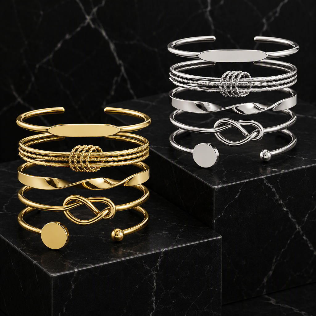 Women's Minimalist Open Cuff Bangle Bracelet Set | Layered Twisted Rope Knot Geometric Disc Stacking Bangles (Gold / Silver 5-Piece Set)