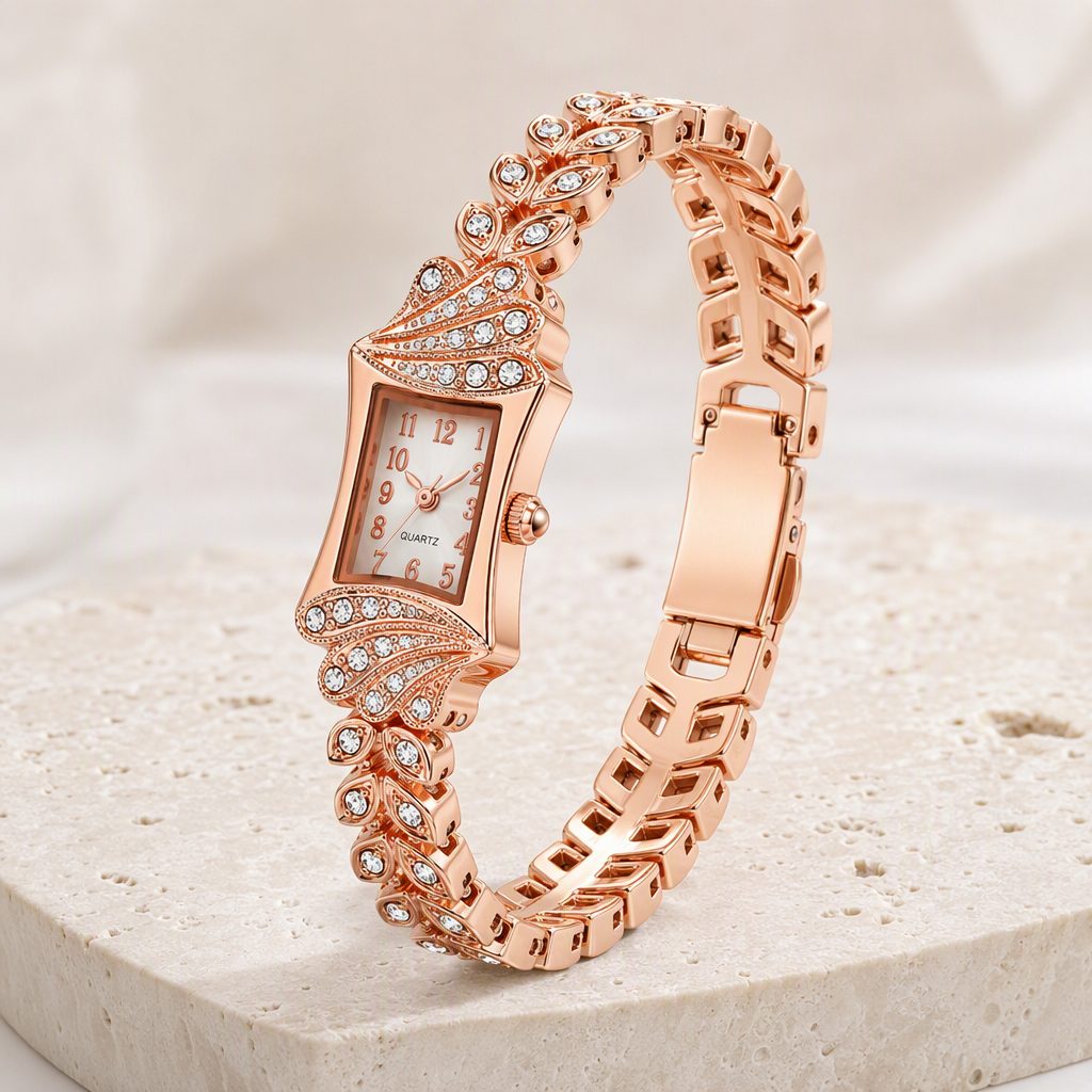 Vintage Feather Wing Diamond Bracelet Watch for Women - Rose Gold Curved Rectangular Case Wheat Leaf Jewelry Timepiece — photo 4