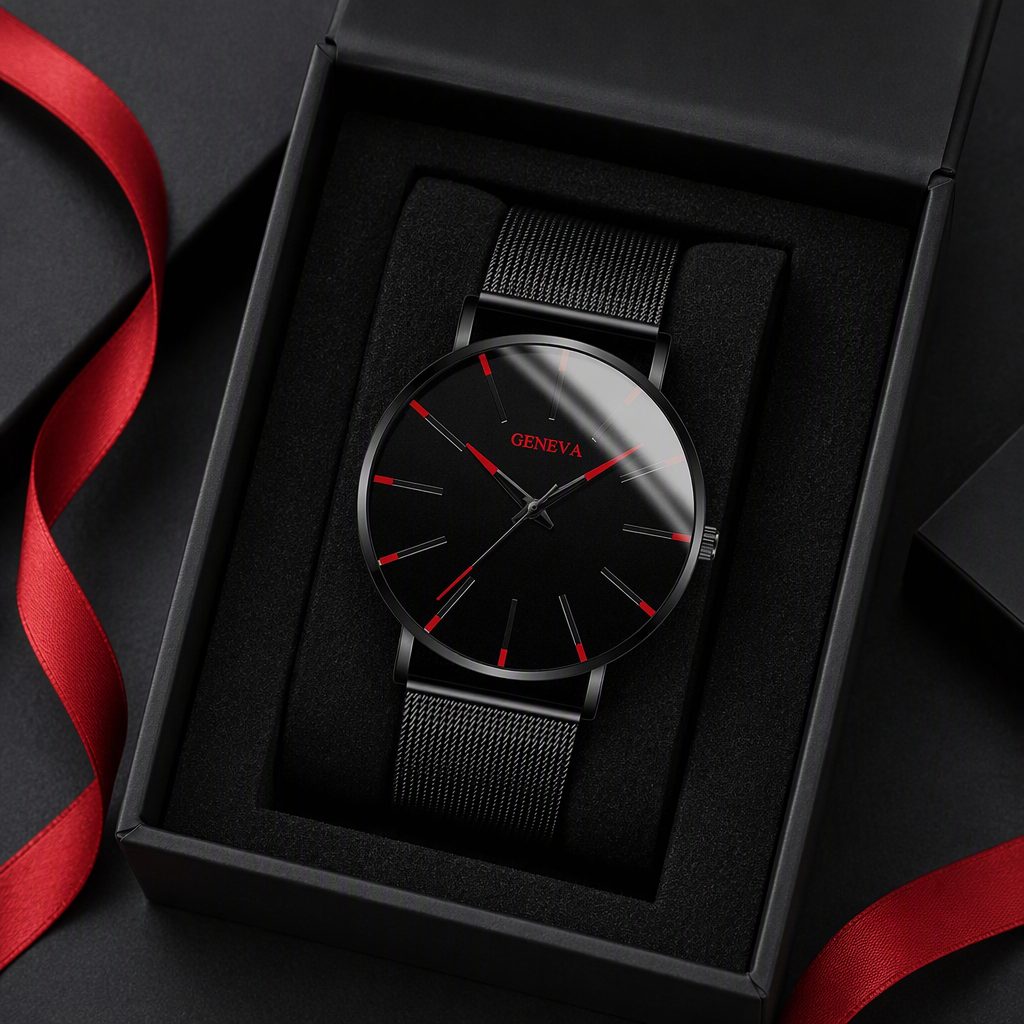 GENEVA Ultra-Thin Minimalist Men's Watch - Matte Black Dial with Crimson Red Accents & Milanese Mesh Steel Band
