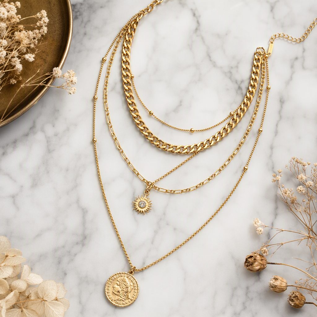 Women's 5-Layer Multi-Strand Gold Layered Necklace Set | Vintage Roman Coin Medallion & Crystal Sunburst Pendant Cuban Chain Choker — photo 6