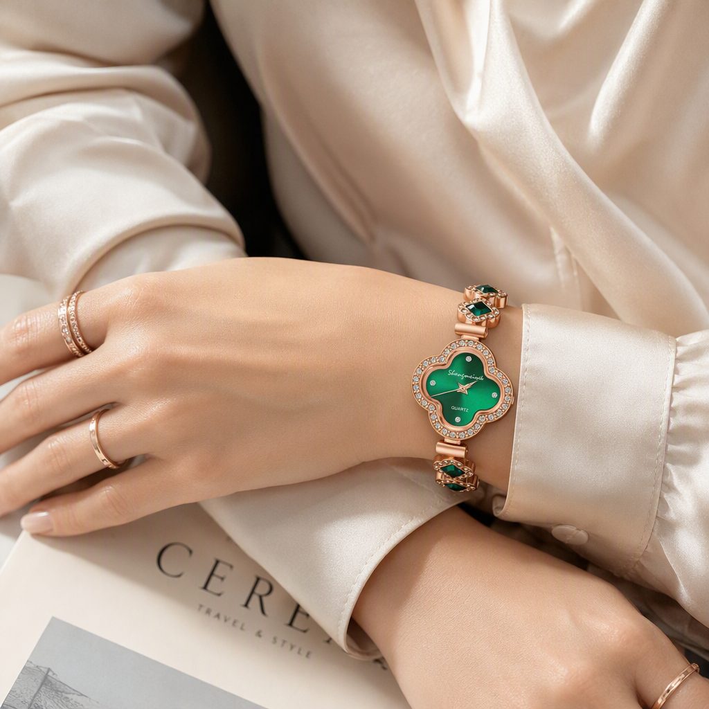 Luxury Women's Lucky Four-Leaf Clover Emerald Green Dial Bracelet Watch | Rose Gold Rhinestone Halo Jewelry Quartz Watch — photo 6