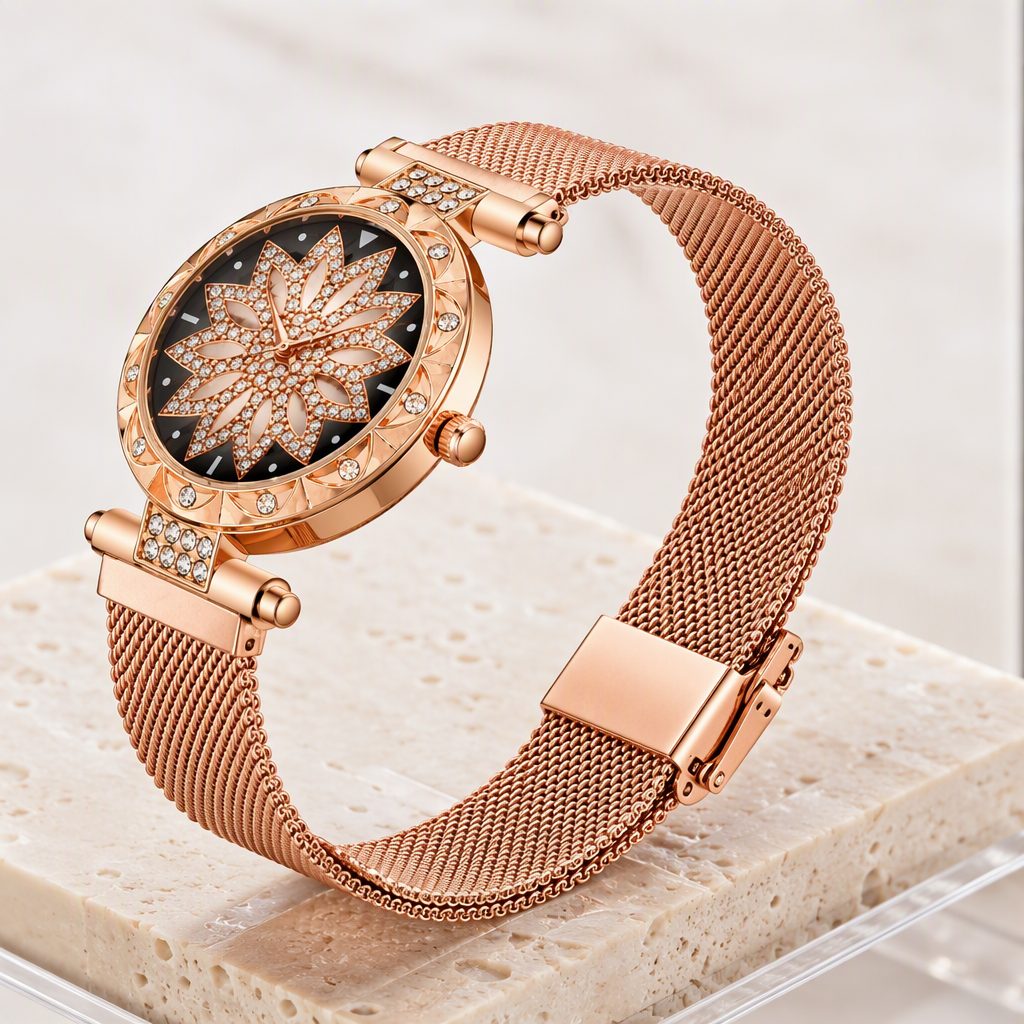 Sparkling Diamond Lotus Mandala Watch for Women - Rose Gold Milanese Mesh Strap Starburst Crystal Accented Luxury Timepiece — photo 3