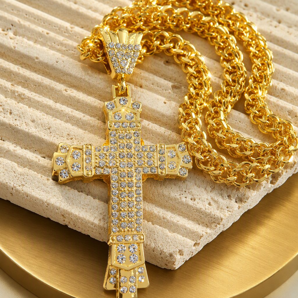Men's Hip-Hop Heavy Full Iced-Out Cross Pendant Necklace | Pavé Crystal Rhinestone Rope Chain Necklace — photo 5