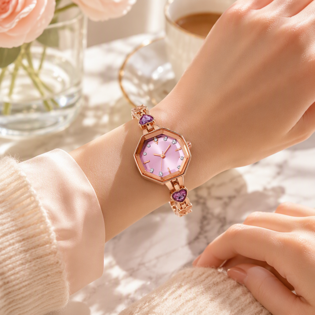 Romantic Heart Crystal Bracelet Watch for Women - Rose Gold Octagonal Faceted Bezel Pastel Pink Dial Jewelry Timepiece — photo 3