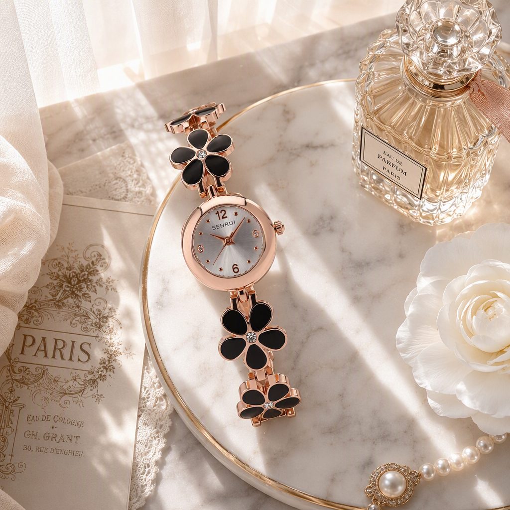 French Retro Black Enamel Camellia Flower Bracelet Watch for Women - Rose Gold Floral Chain Crystal Accent Hepburn Chic Timepiece — photo 5
