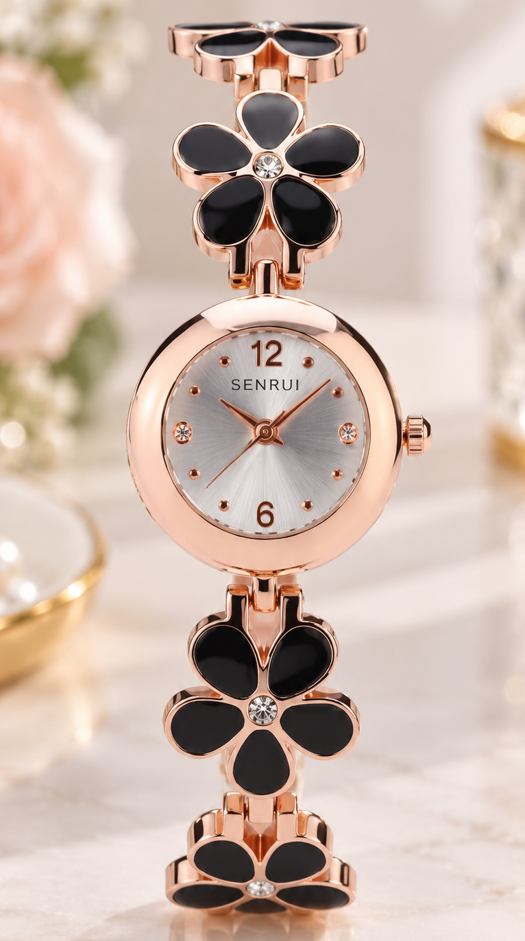 French Retro Black Enamel Camellia Flower Bracelet Watch for Women - Rose Gold Floral Chain Crystal Accent Hepburn Chic Timepiece — photo 2