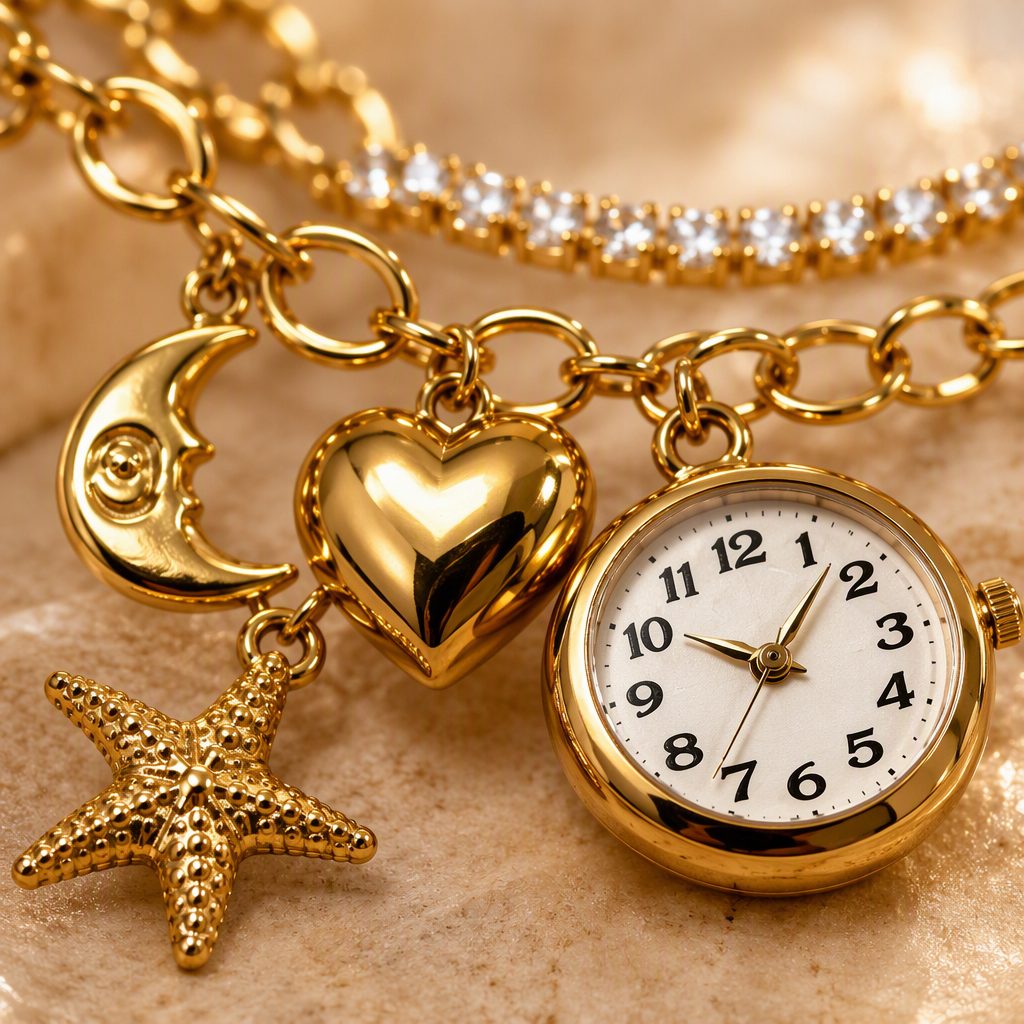 Celestial Multi-Layer Charm Necklace Watch for Women - Star Moon Heart Dangle Charms Layered Bracelet Timepiece — photo 4