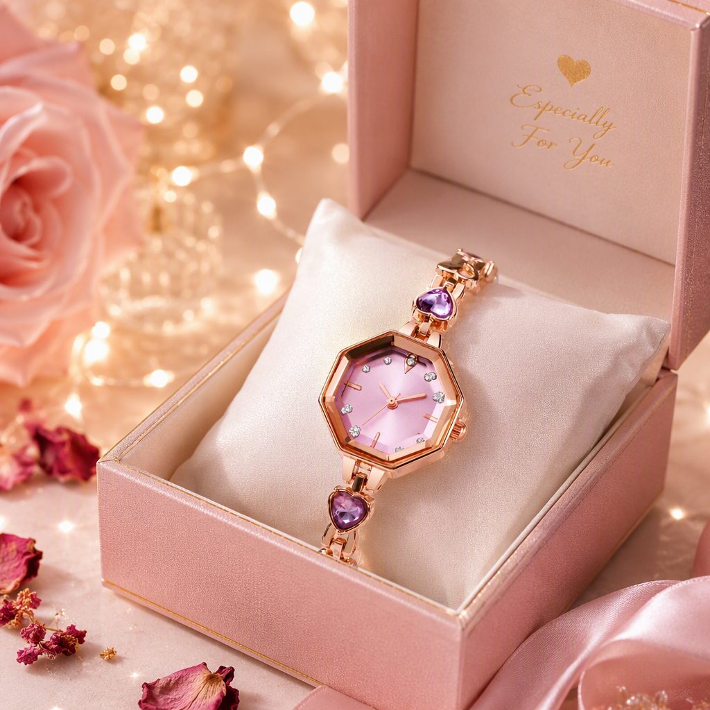 Romantic Heart Crystal Bracelet Watch for Women - Rose Gold Octagonal Faceted Bezel Pastel Pink Dial Jewelry Timepiece