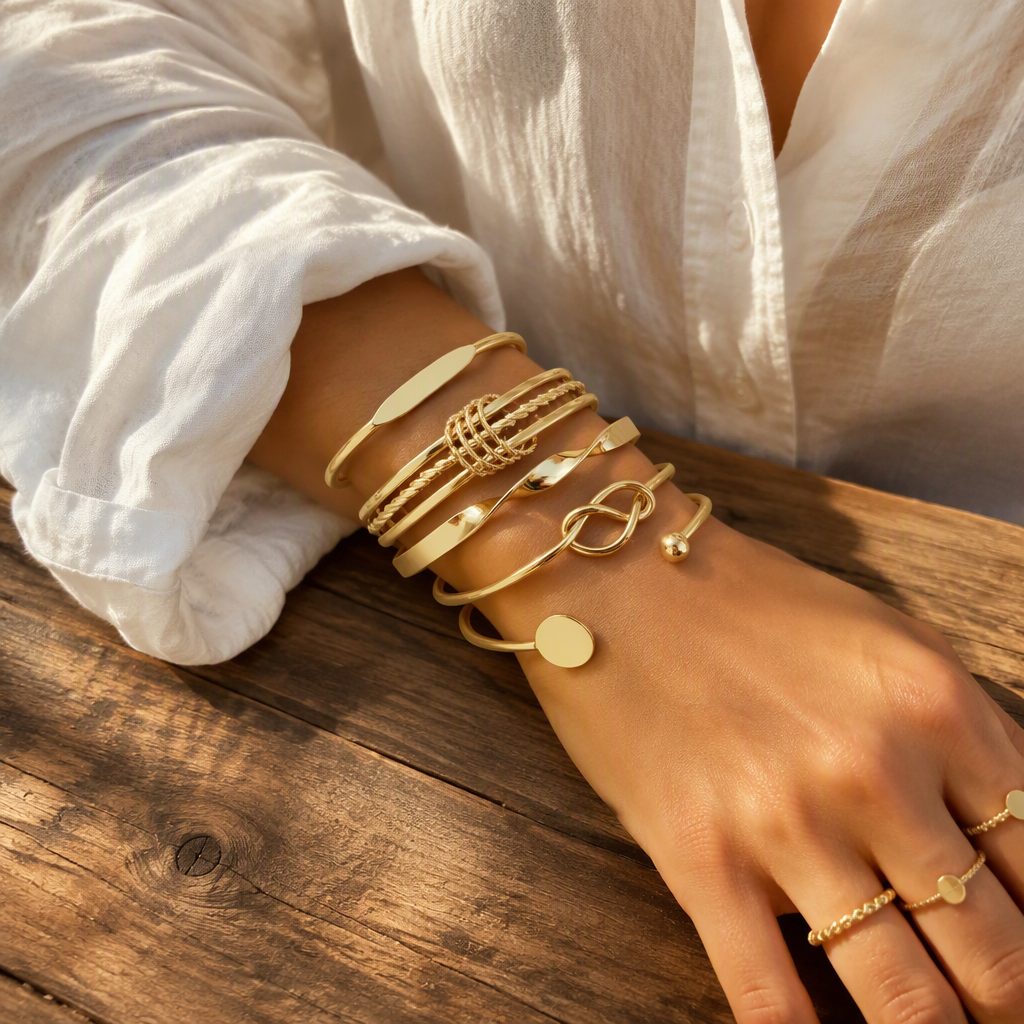 Women's Minimalist Open Cuff Bangle Bracelet Set | Layered Twisted Rope Knot Geometric Disc Stacking Bangles (Gold / Silver 5-Piece Set) — photo 7