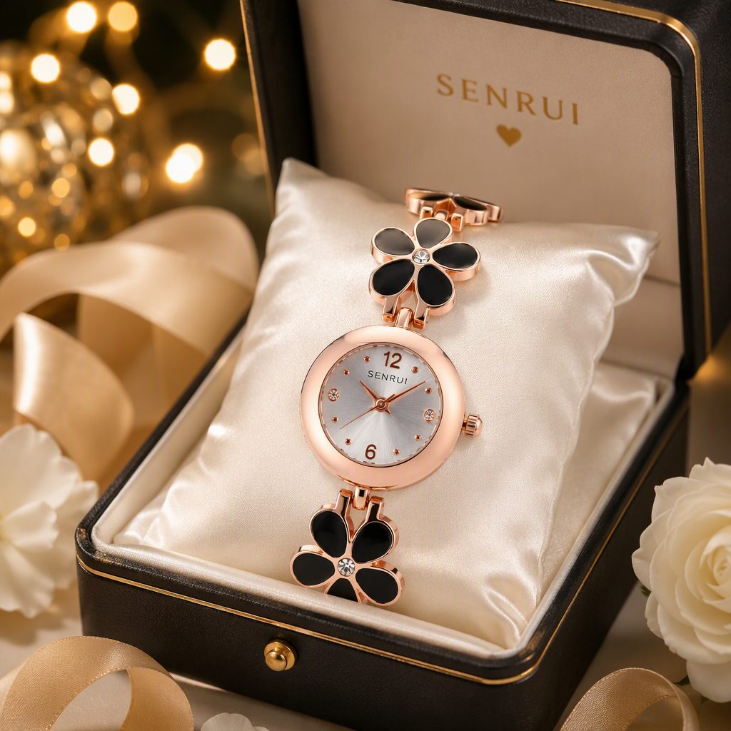 French Retro Black Enamel Camellia Flower Bracelet Watch for Women - Rose Gold Floral Chain Crystal Accent Hepburn Chic Timepiece