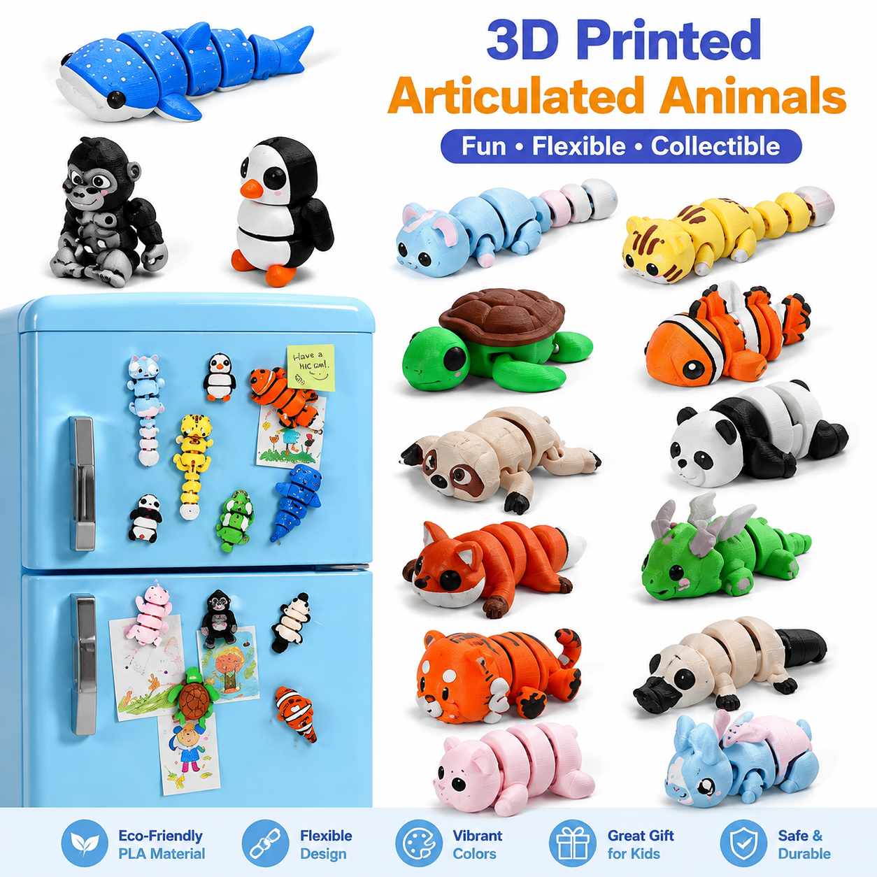 3D Printed Jointed Animal Magnetic Toys ,15pcs Mini 3D Printed Animals, Animal Refrigerator Magnets Gifts for Adults Kids Boy Girl 3-5 5-7 8-12