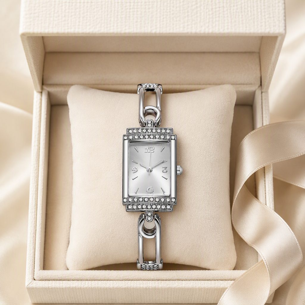 Vintage Women's Rectangular Tank Chain Bracelet Watch | Double-Row Rhinestone Bezel Quartz Dress Watch — photo 4