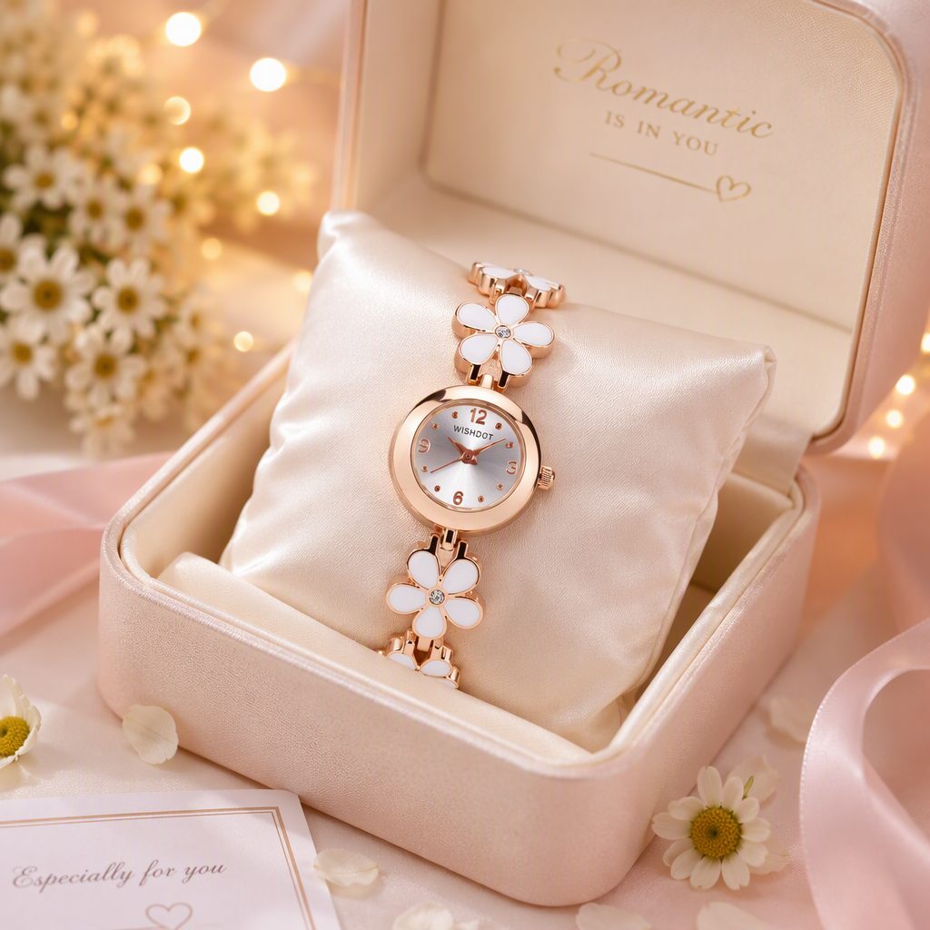 Sweet White Daisy Enamel Bracelet Watch for Women - Rose Gold Floral Chain Crystal Accent Japanese Mori Girl Timepiece