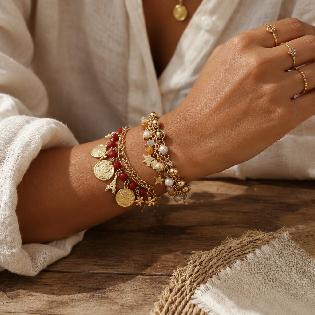 Bohemian Vintage Layered Multi-Strand Charm Bracelet Set | Gold Coin Pearl Star Floral Beaded Stacking Bracelets (5 Styles) — photo 6