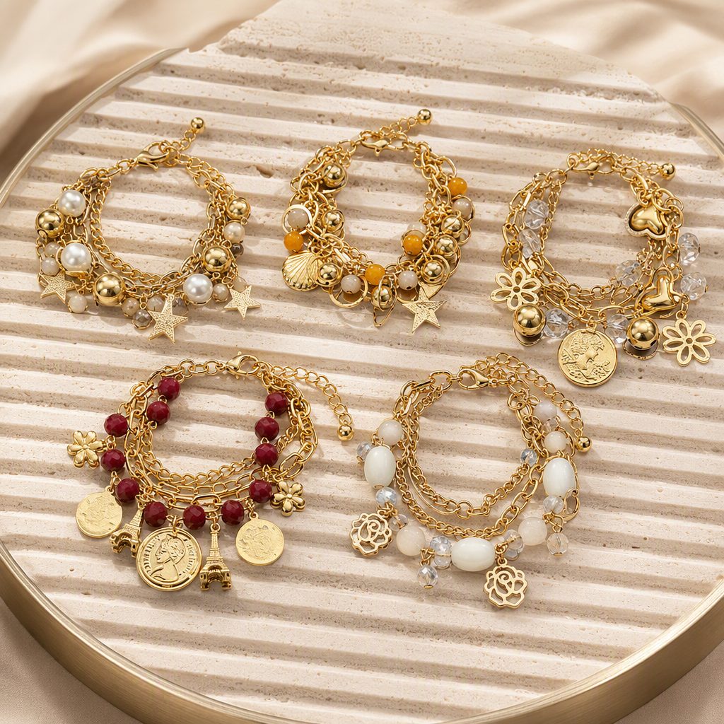Bohemian Vintage Layered Multi-Strand Charm Bracelet Set | Gold Coin Pearl Star Floral Beaded Stacking Bracelets (5 Styles)