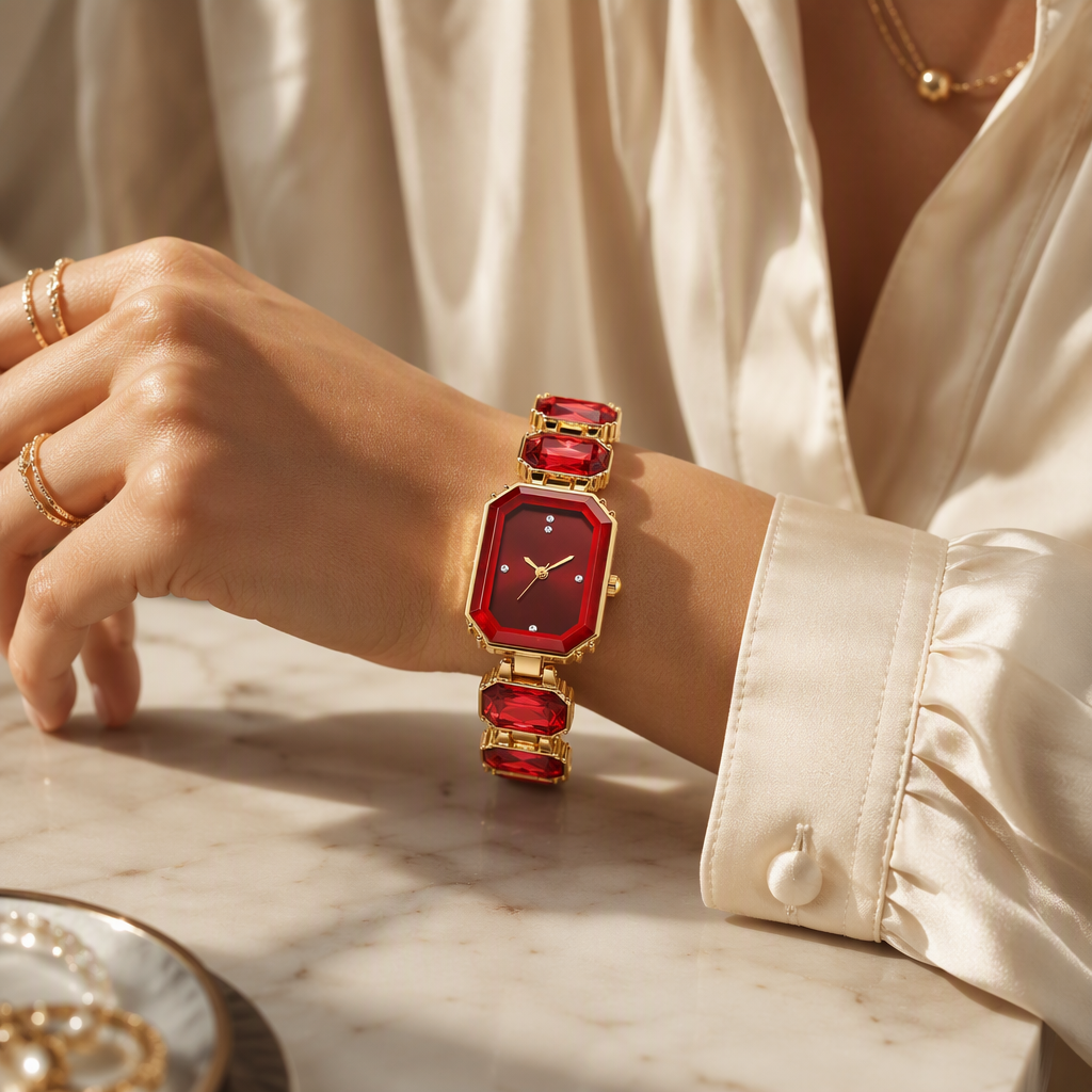 Luxury Women's Emerald-Cut Octagonal Beveled Watch | Gold Faceted Gemstone Block Bracelet Quartz Watch — photo 6