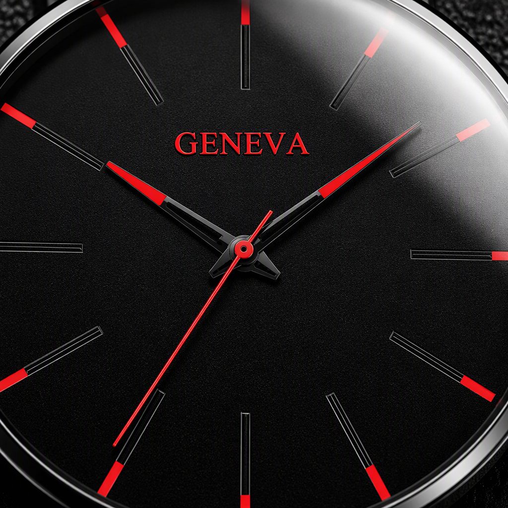 GENEVA Ultra-Thin Minimalist Men's Watch - Matte Black Dial with Crimson Red Accents & Milanese Mesh Steel Band — photo 7