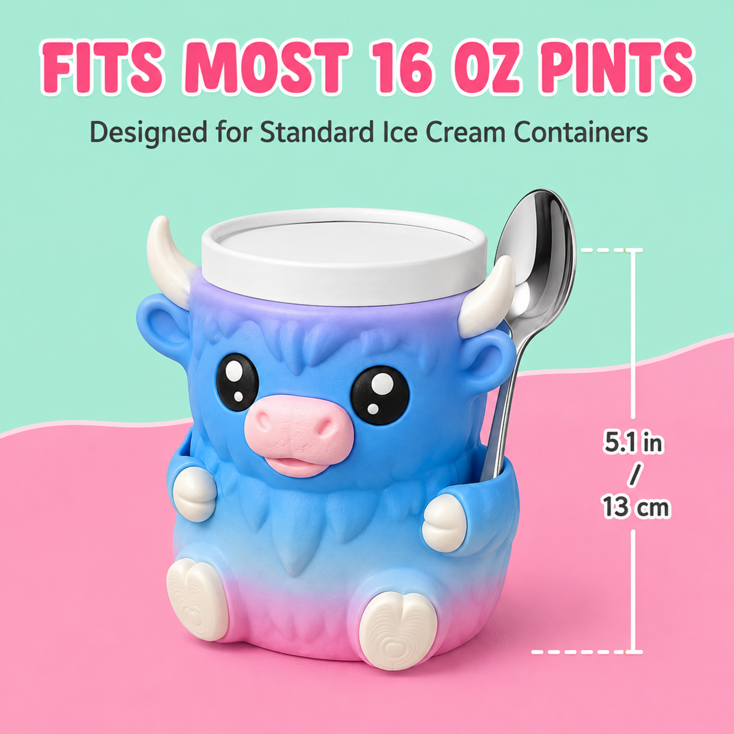 Ice Cream Pint Holder with Handle & 2 Spoons Cute Animals Ices Creams Cooler Containers for 16Oz Pints Leak Proof Can Cups Highland Cow Lover Gifts — photo 3