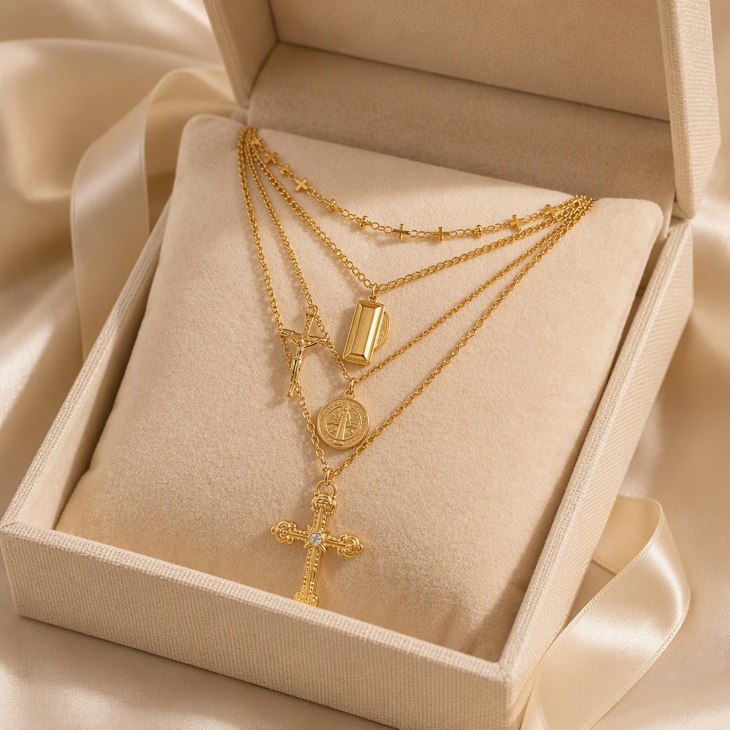Women's Vintage Baroque Cross & Medallion Layered Necklace Set | Multi-Strand Rosary Choker Gold Crucifix Pendant Necklace