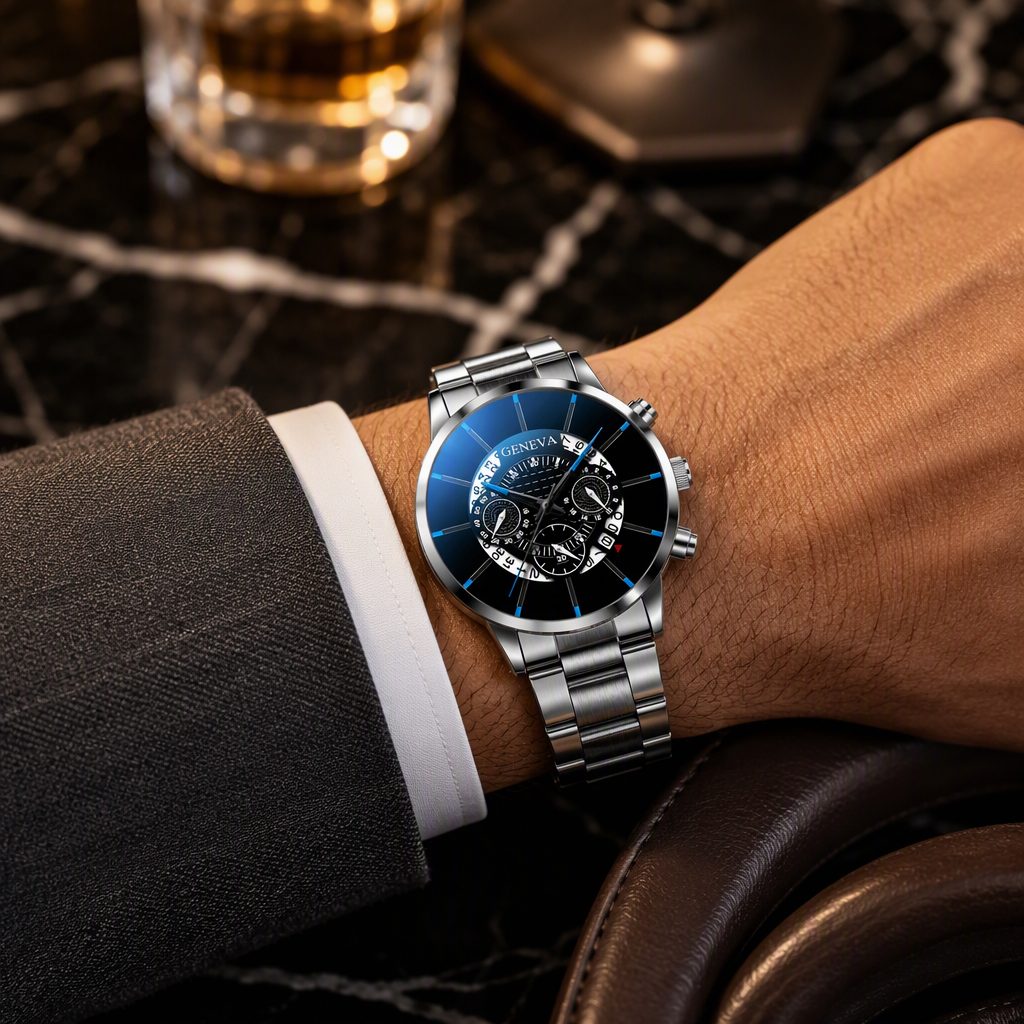 GENEVA Luxury Business Men's Chronograph Watch - Unique Curved Calendar Wheel & Blue-Ray Crystal Dial (Silver / Gold) — photo 3