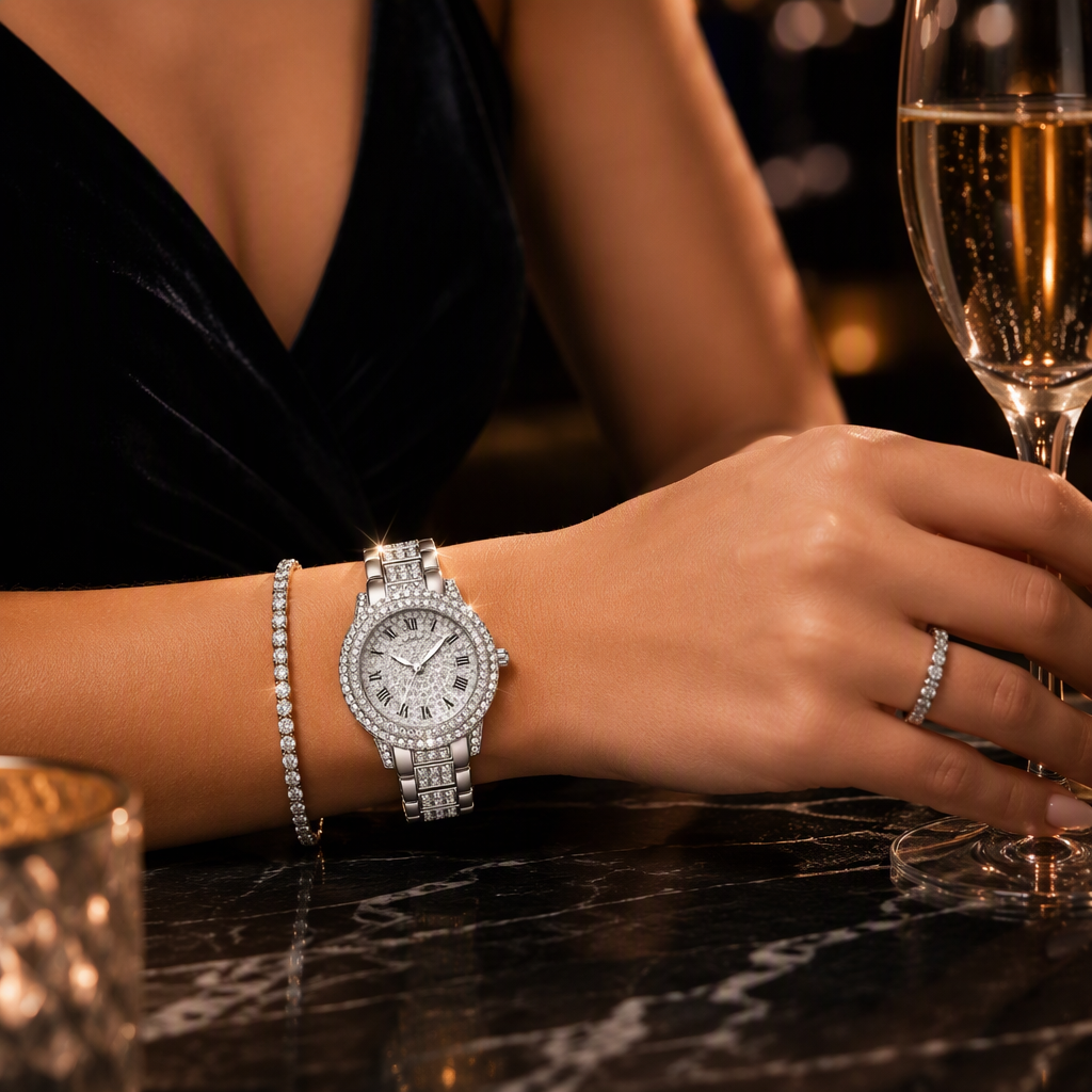 Luxury Full Pave Diamond Women Quartz Watch - Sparkling Roman Numeral Crystal Dress Watch (Gold / Rose Gold / Silver) — photo 6